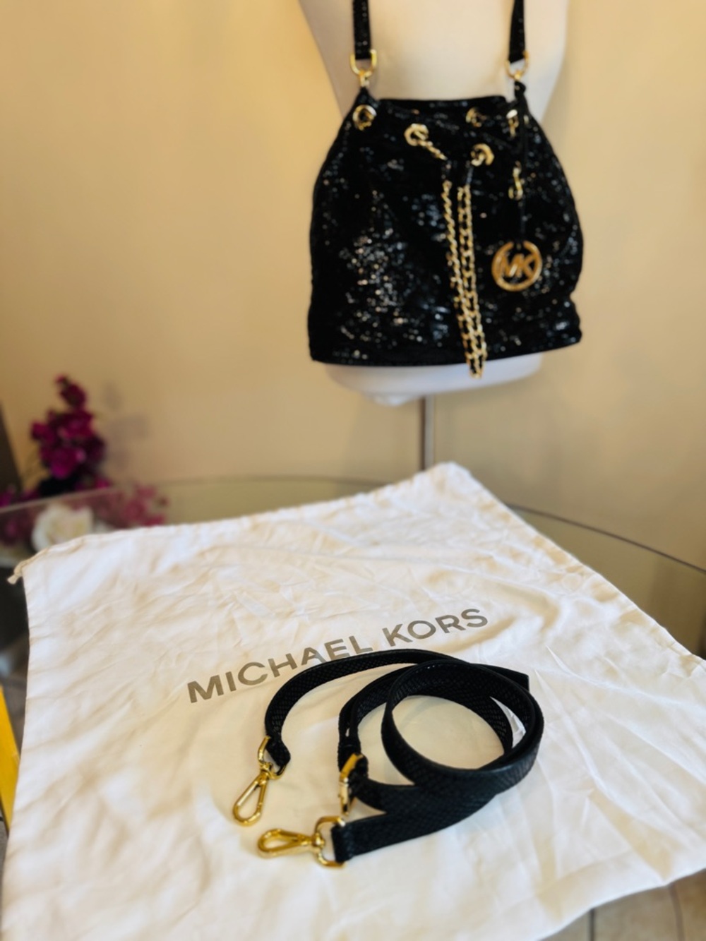 Michael Kors Black Sequin Drawstring Shoulder Bag with Gold Hardware - Picture 3 of 7